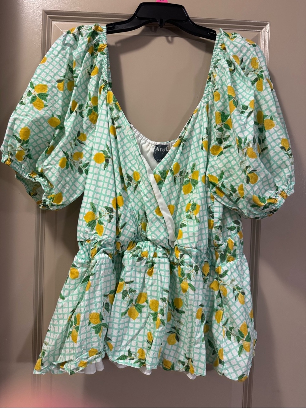 ARULA Mint Green Lemon Print V-Neck Peplum Top